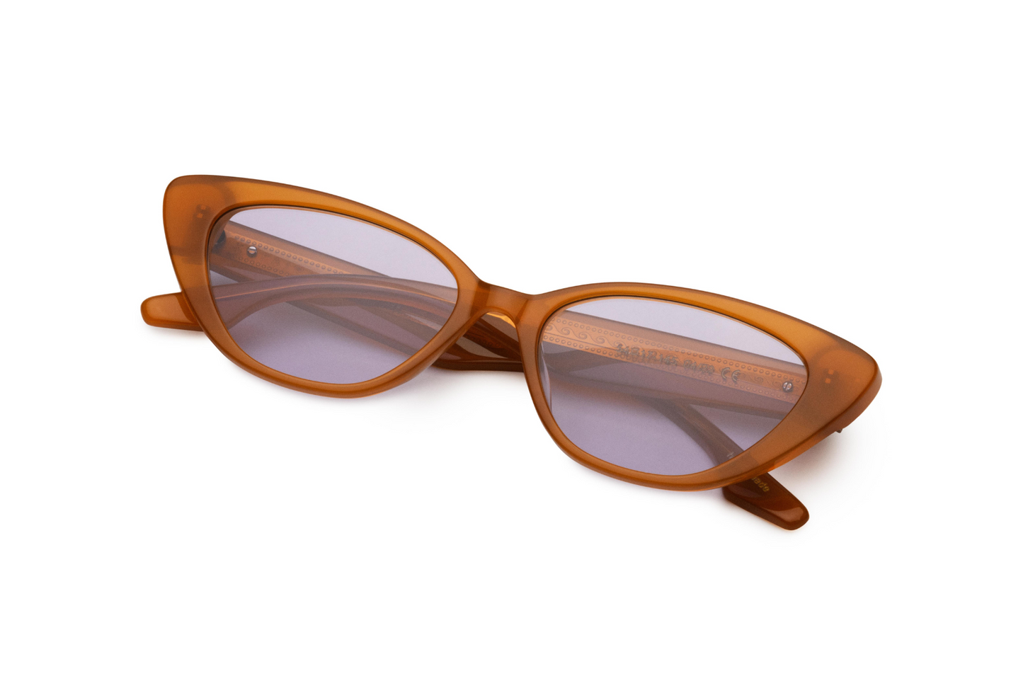 orange vintage style cat eye sunglasses with liliac lenses