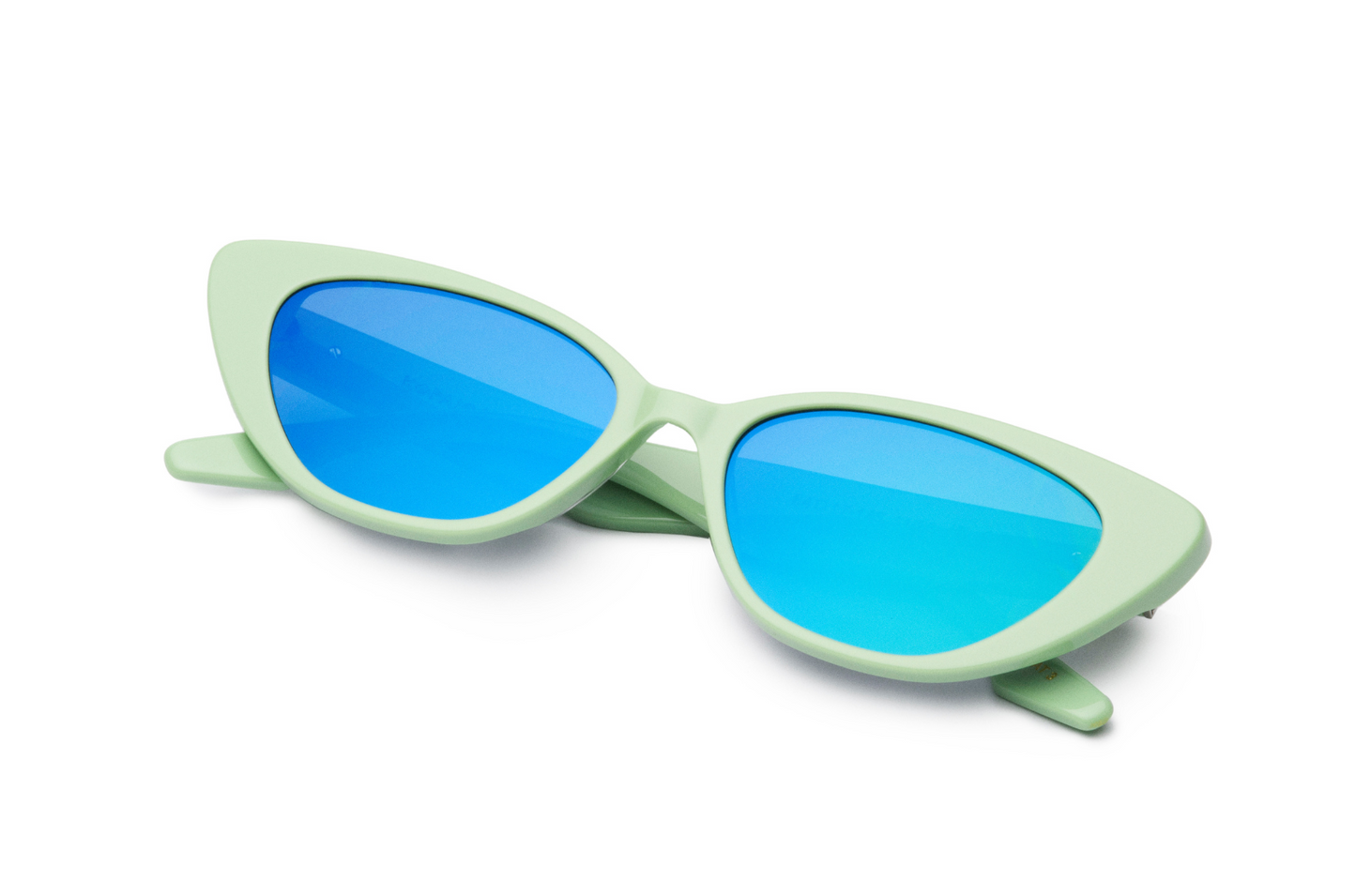 green cat eye sunglasses with blue lenses