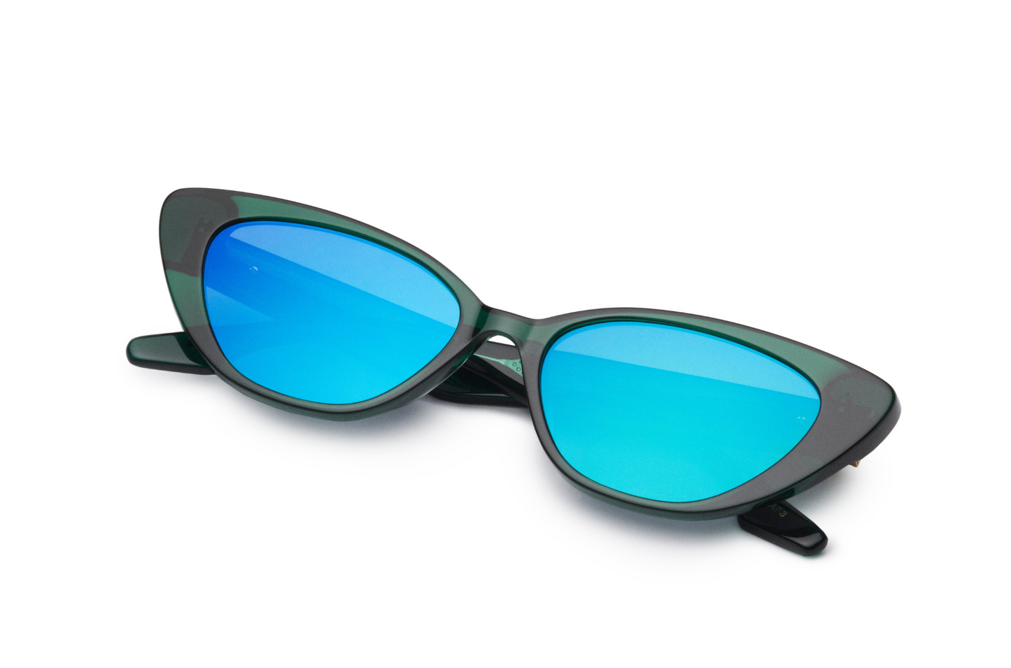 Green cat eye sunglasses with blue lenses