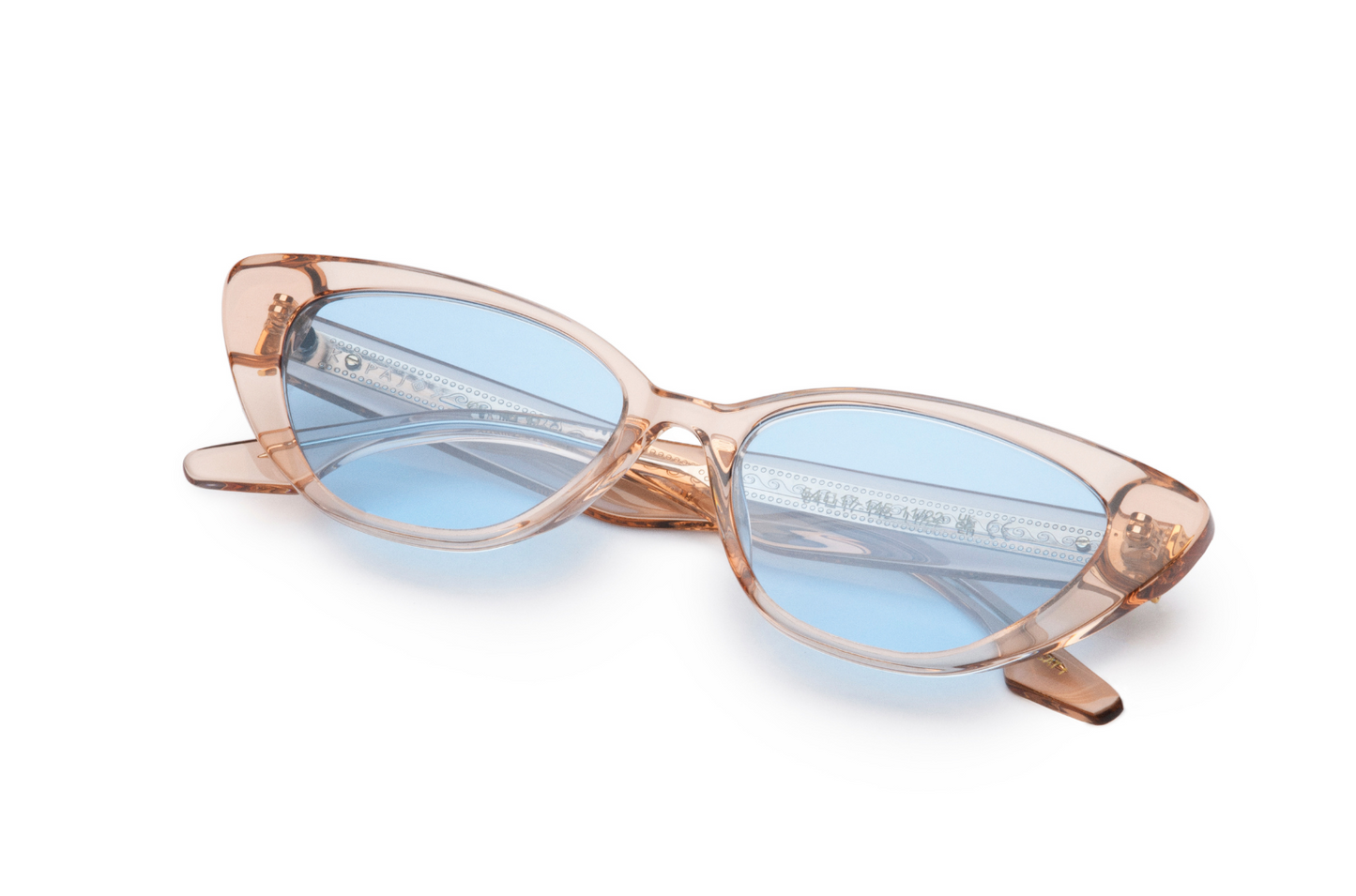 gold and light blue cat eye sunglasses