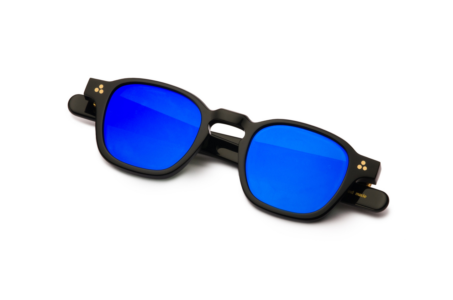 black square frame sunglasses with blue lenses