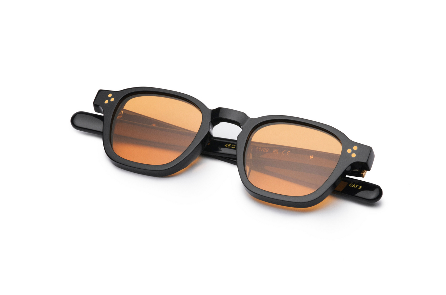 black square sunglasses with orange lenses