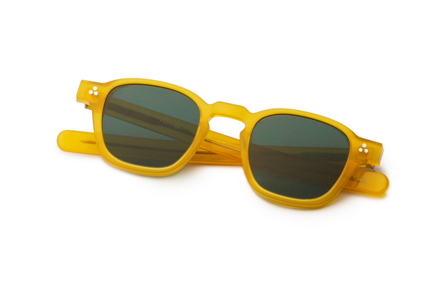 Yellow square sunglasses with green lenses
