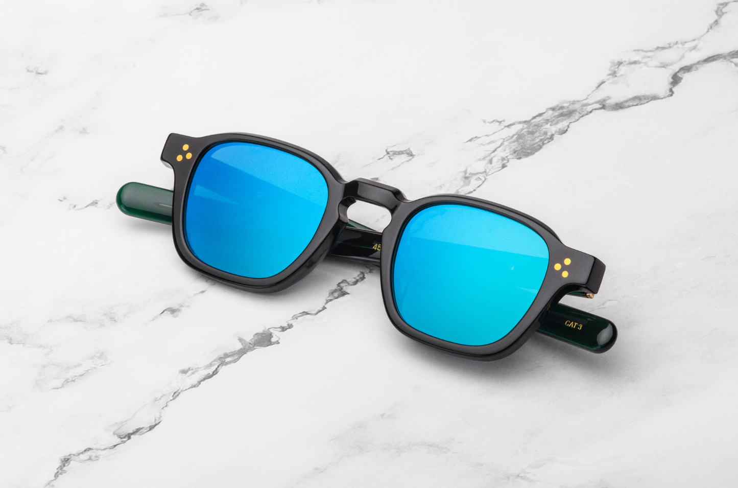 Black square frame sunglasses with blue polarized lenses