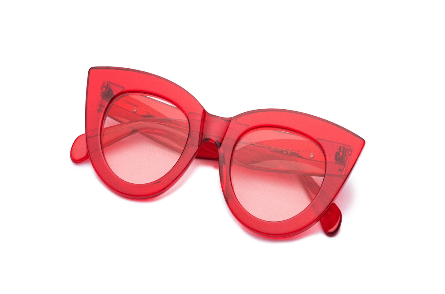 A close-up of the hinges on the thick Fiona Volpe cat-eye frame.