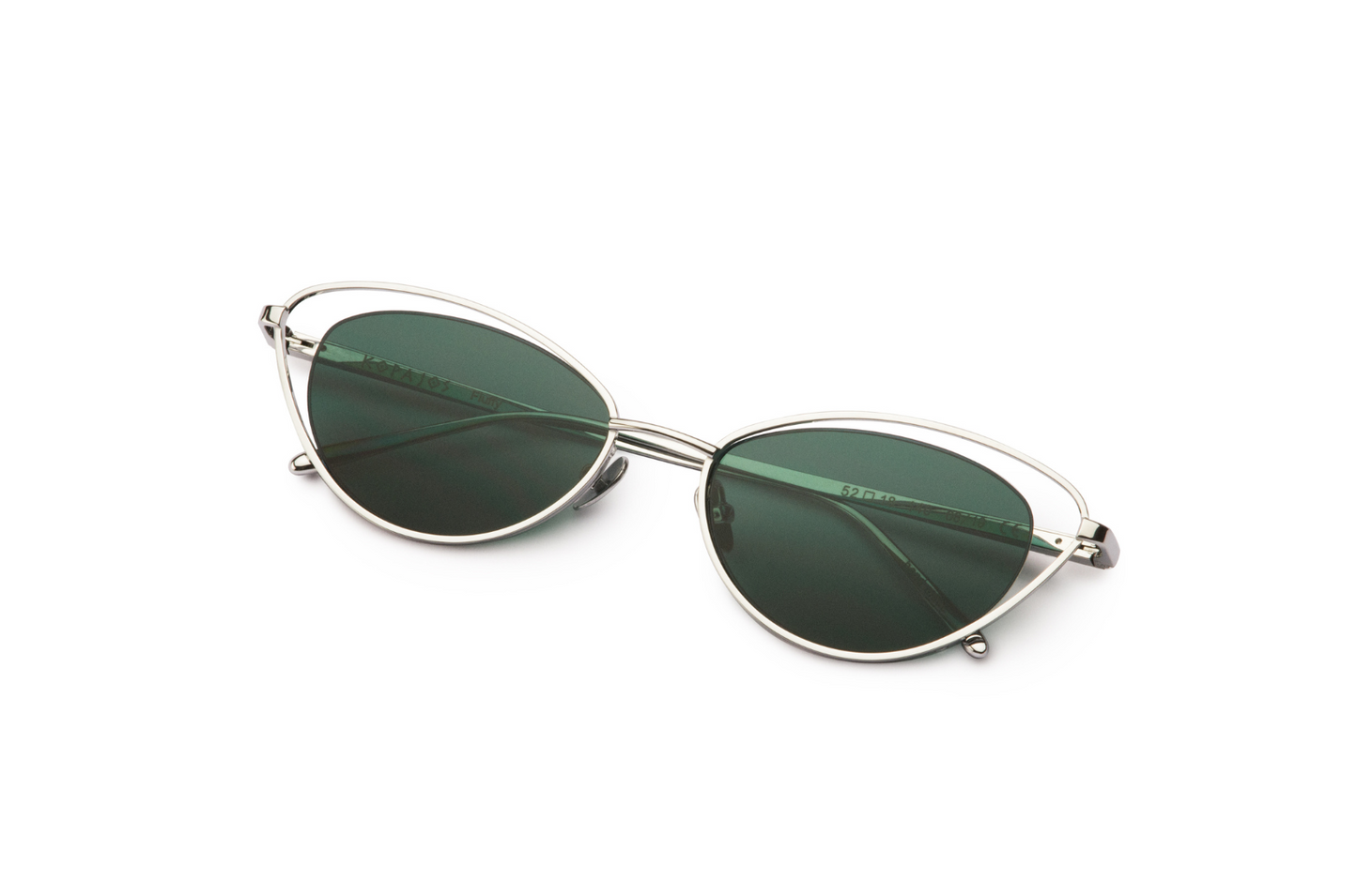 Silver cat eye sunglasses for women with green lenses