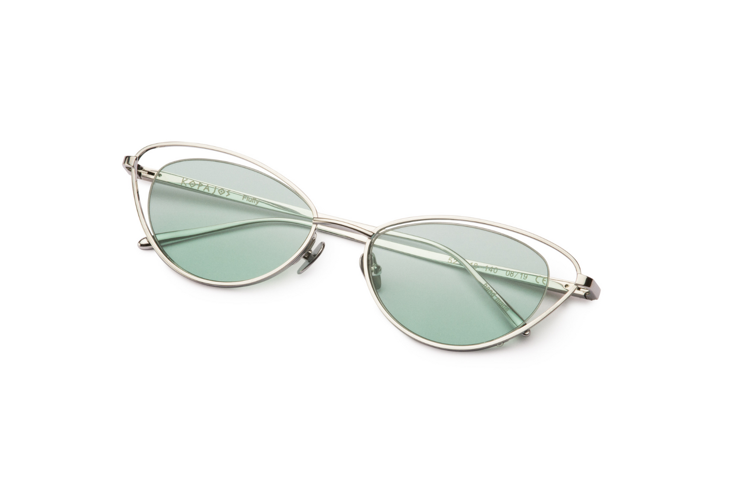 Silver cat eye sunglasses for women with light green lenses