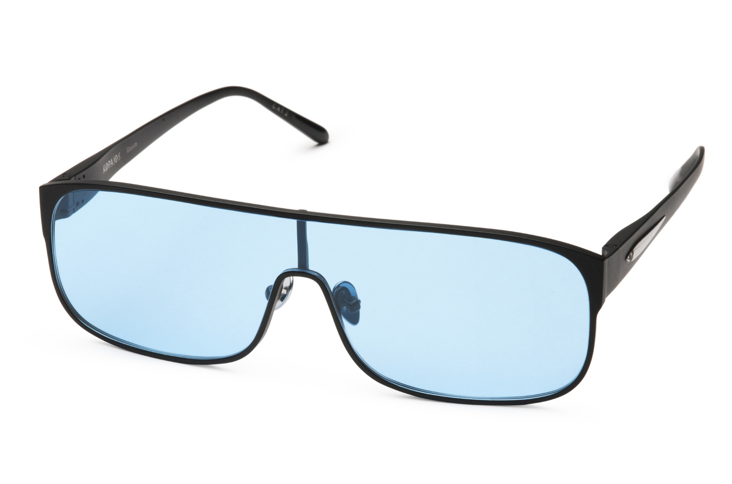 black shield sunglasses with light blue lenses, Kopajos