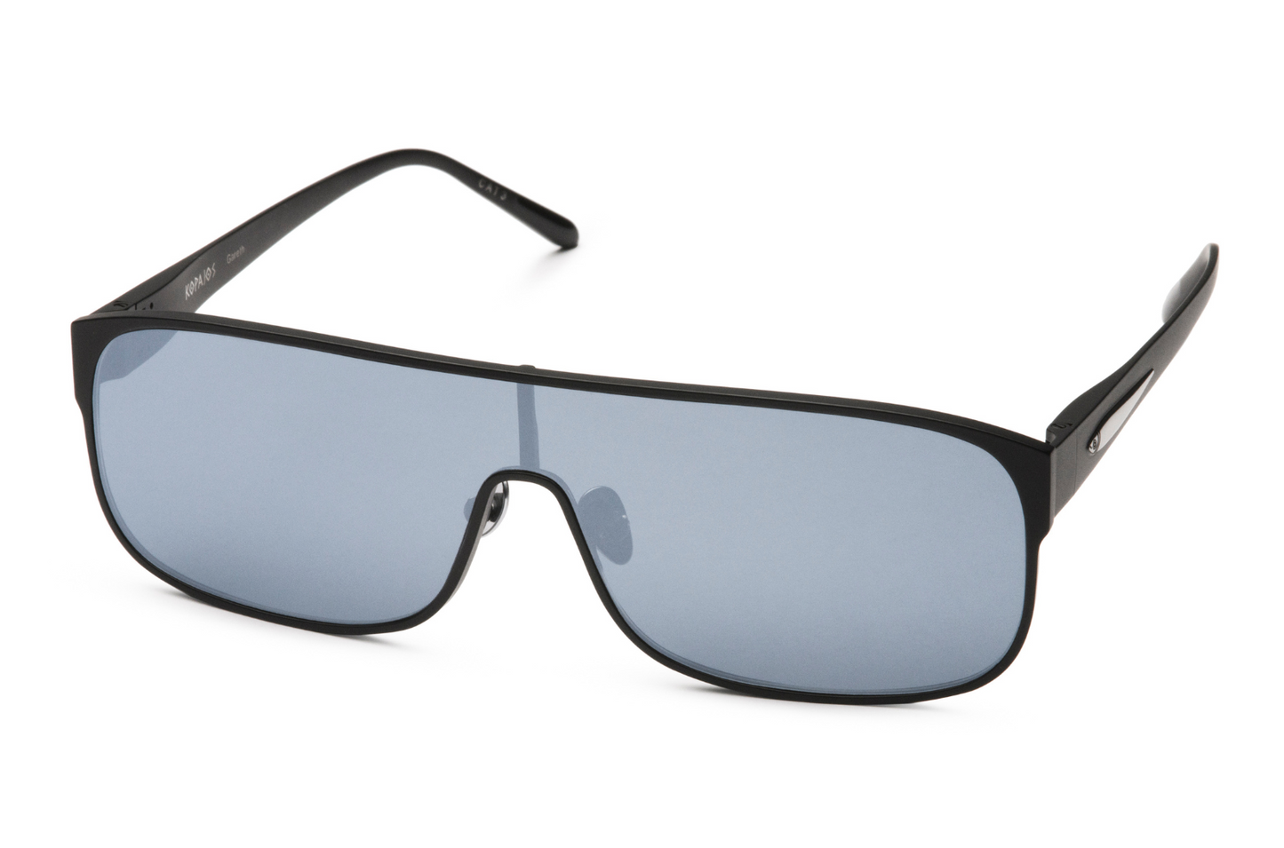 black shield sunglasses with silver lenses, Kopajos