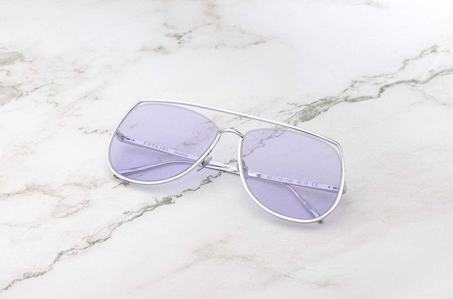 Silver aviator sunglasses with liliac polarized lenses by Kopajos