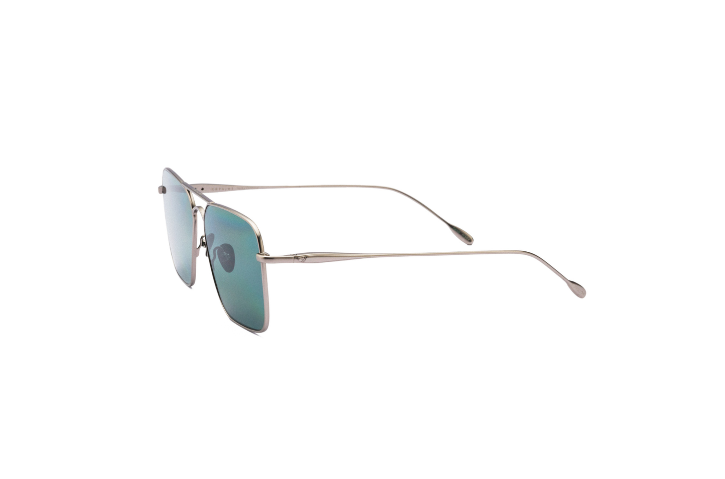 Side view of Hector Gonzales aviator sunglasses by Kopajos with silver frame and dark green polarized lenses.
