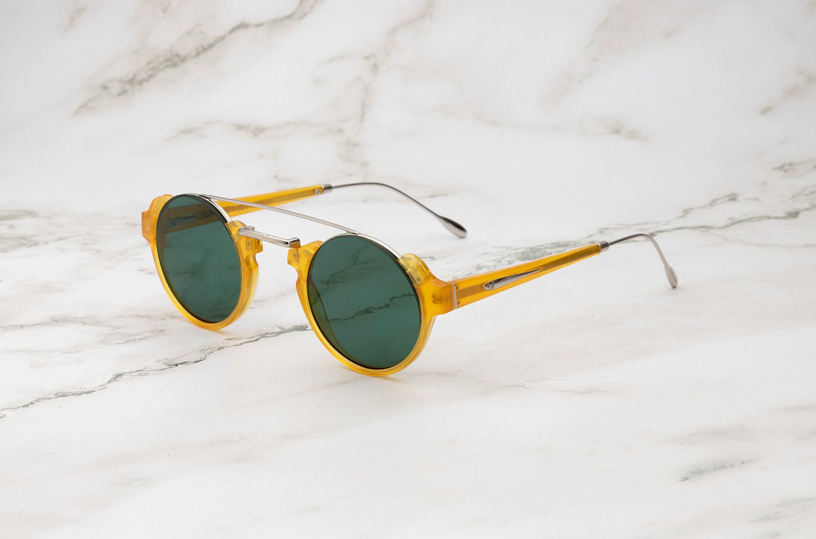 Yellow round sunglasses with green polarized lenses by Kopajos