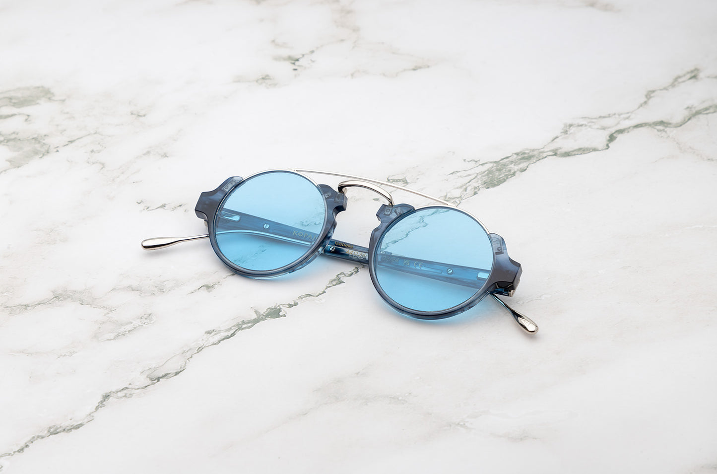 Tortoise blue round sunglasses for men with polarized light blue lenses by Kopajos