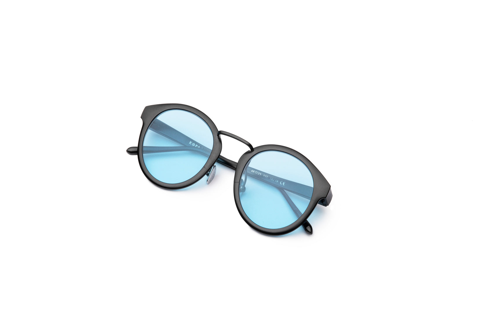 Black round sunglasses for men and women with light blue polarized lenses by Kopajos