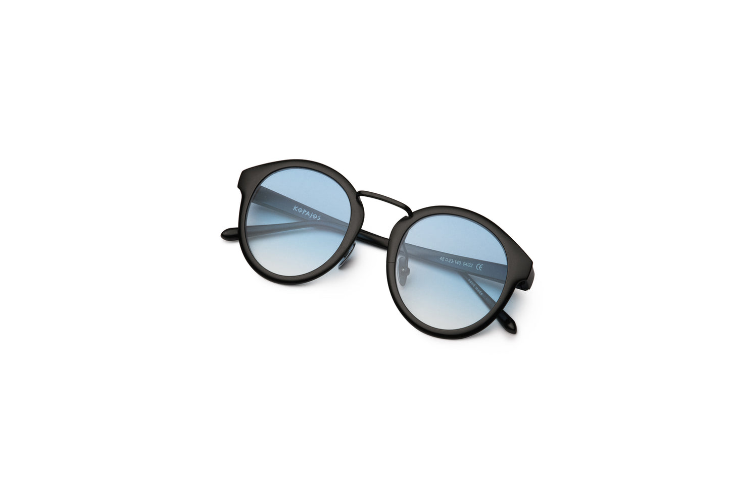 Black round sunglasses for men and women with smokey blue polarized lenses by Kopajos