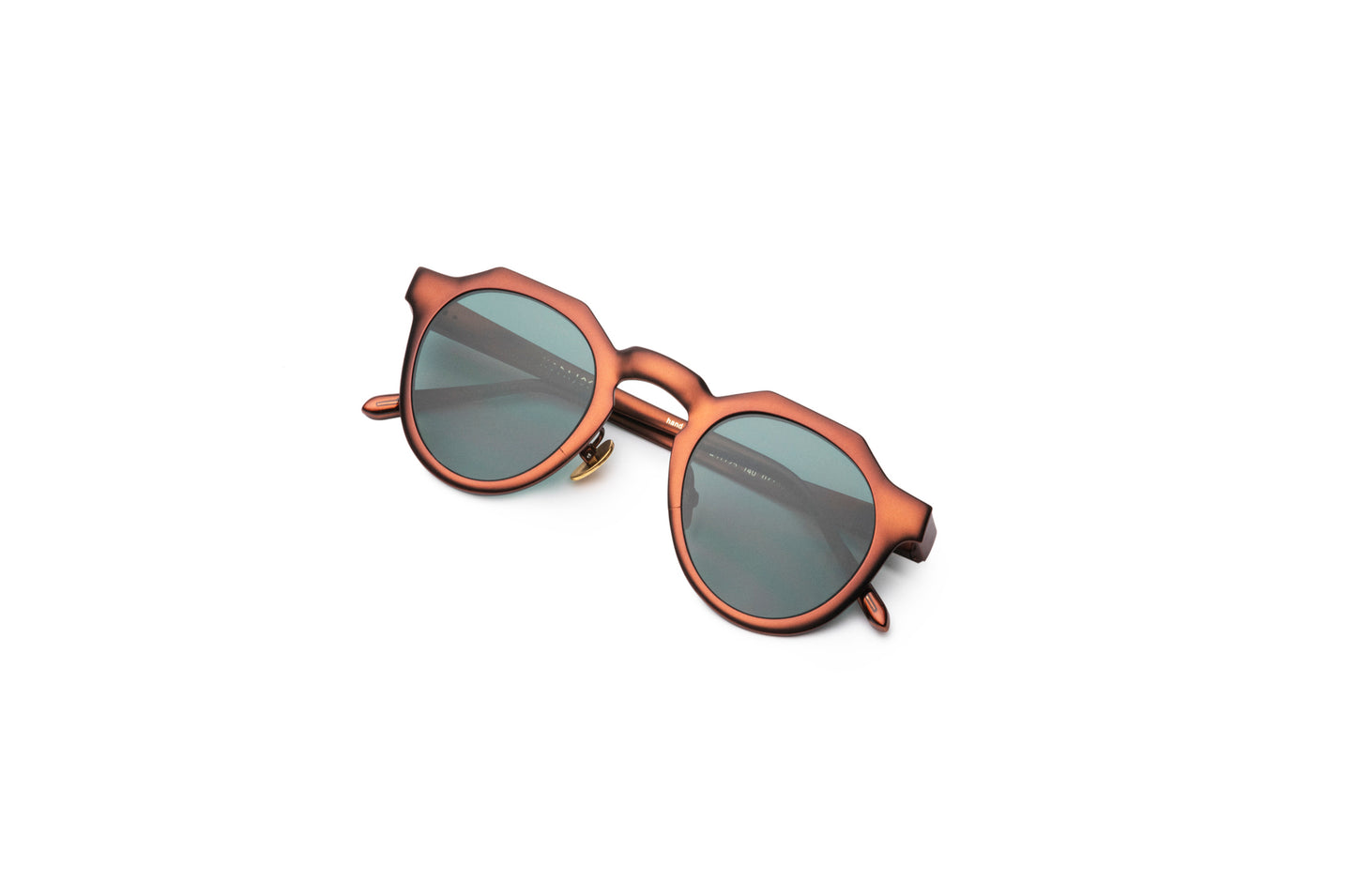 Bronze round frame sunglasses with dark green lenses by Kopajos