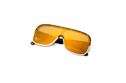 Tortoise mask sunglasses with mirror gold lenses for women by Kopajos