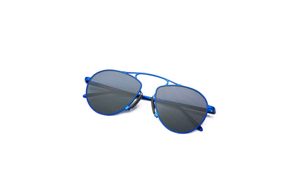 Kopajos blue aviator sunglasses for men and women with black polarized lenses.
