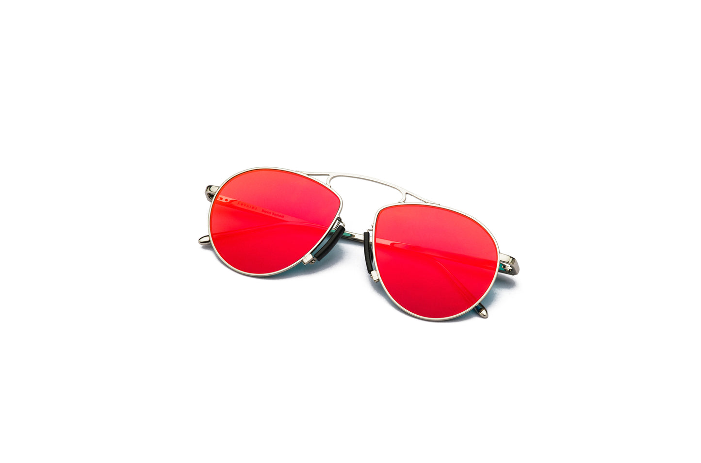 Baron Samedi silver aviator sunglasses for men and women with red polarized lenses.