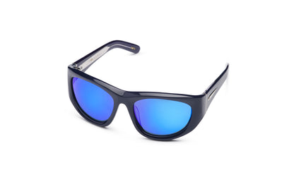 Gogol by Kopajos: mask sunglasses for men and women with black frame and blue polarized lenses.