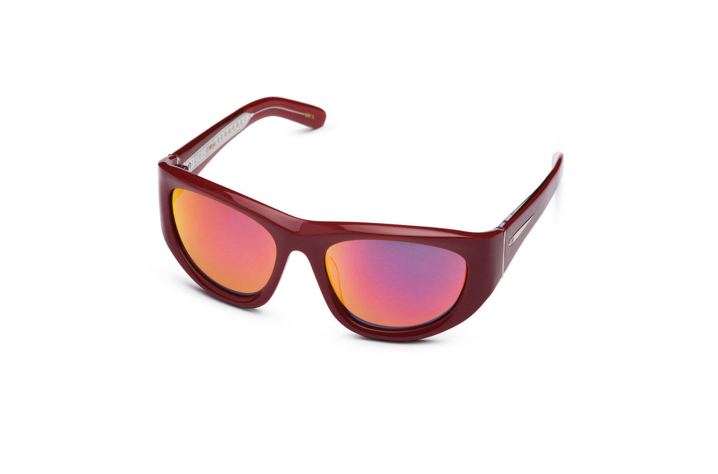Gogol by Kopajos: mask sunglasses for men and women with burgundy frame and colorful polarized lenses.