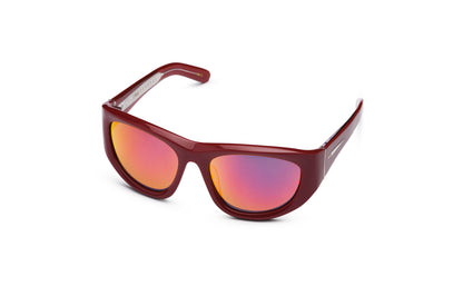 Gogol by Kopajos: mask sunglasses for men and women with burgundy frame and colorful polarized lenses.