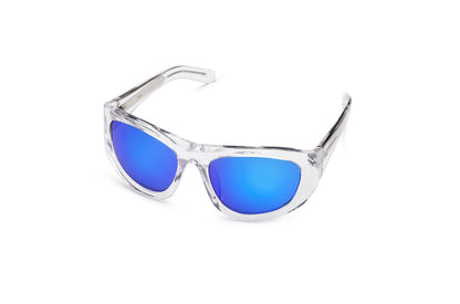 Gogol by Kopajos: mask sunglasses for men and women with transparent frame and blue polarized lenses.