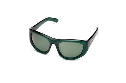 Gogol by Kopajos: mask sunglasses for men and women with forest green frame and green polarized lenses.