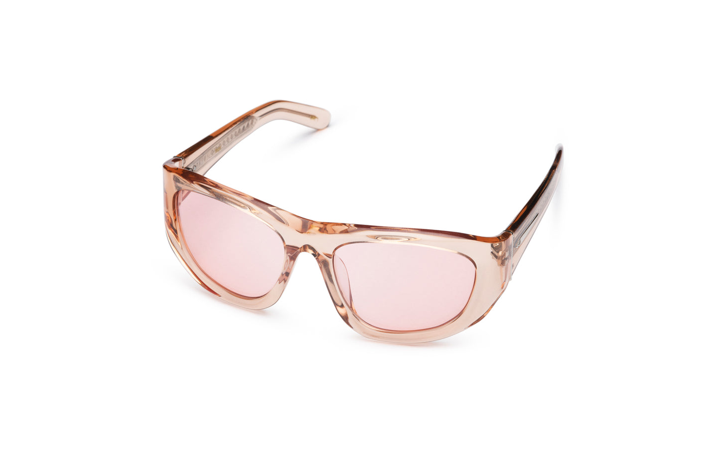 Gogol by Kopajos: mask sunglasses for men and women with transparent peach frame and pink polarized lenses.