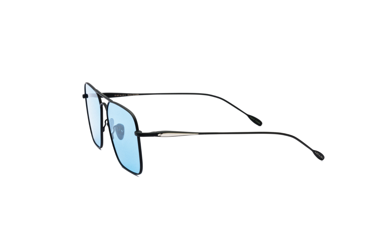 Side view of Hector Gonzales aviator sunglasses by Kopajos with black frame and light blue polarized lenses.