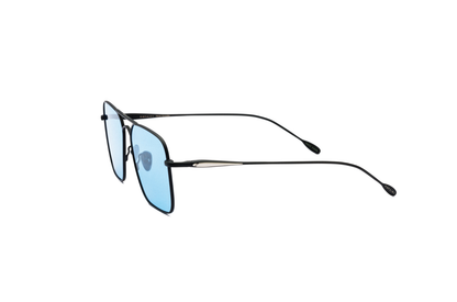 Side view of Hector Gonzales aviator sunglasses by Kopajos with black frame and light blue polarized lenses.