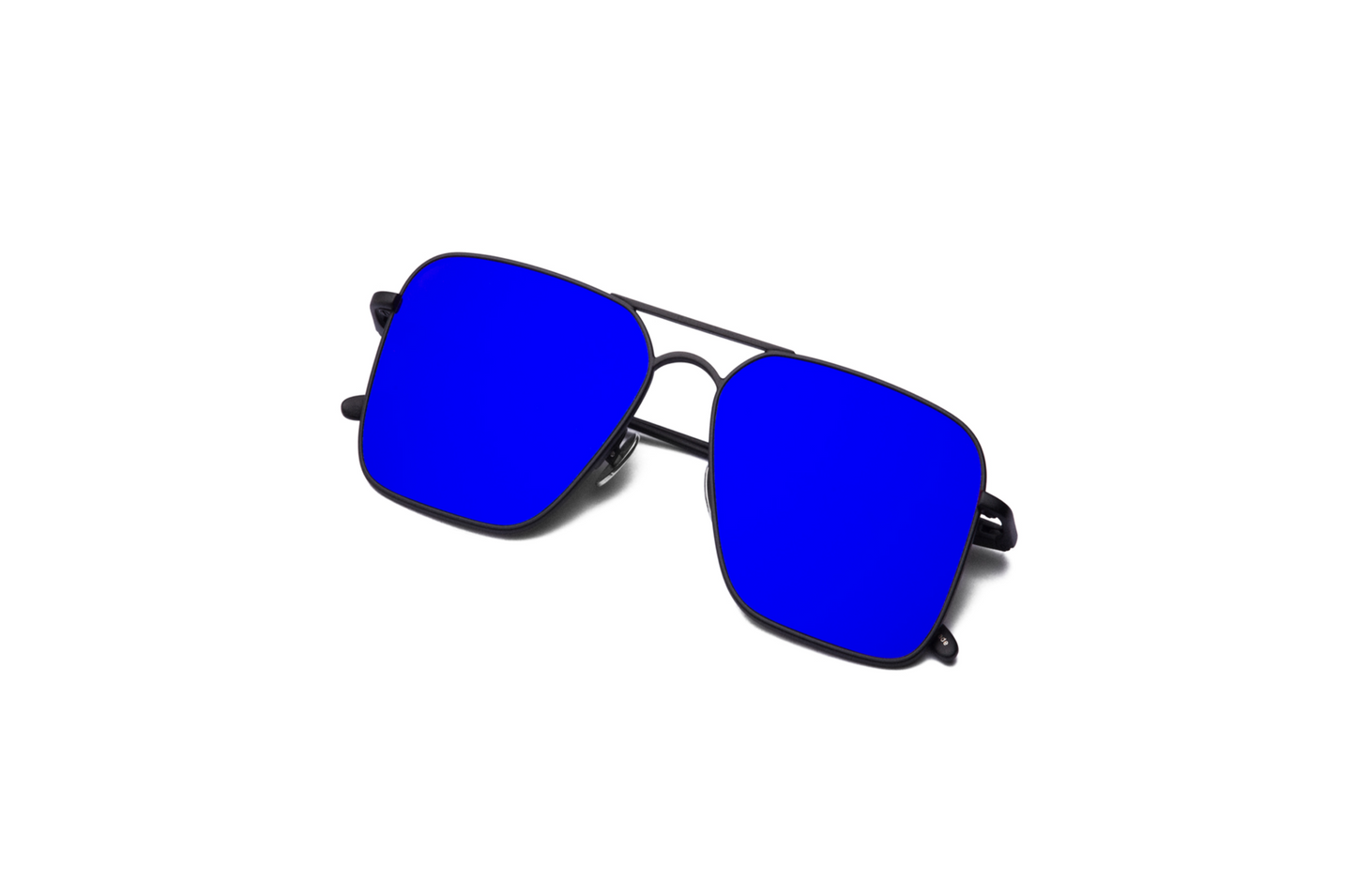 Top view of Hector Gonzales aviator sunglasses by Kopajos for men and women with black frame, blue polarized lenses, and folded temples.