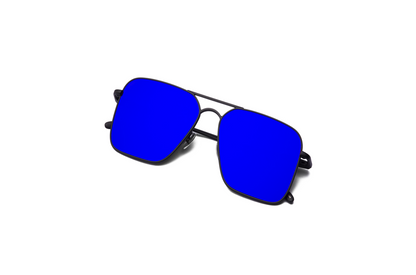 Top view of Hector Gonzales aviator sunglasses by Kopajos for men and women with black frame, blue polarized lenses, and folded temples.