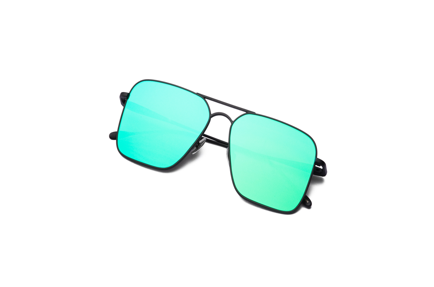 Top view of Hector Gonzales aviator sunglasses by Kopajos for men and women with black frame, aqua blue polarized lenses, and folded temples.