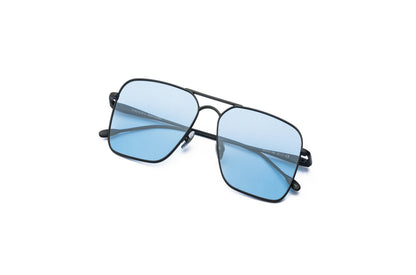 Top view of Hector Gonzales aviator sunglasses by Kopajos for men and women with black frame, light blue polarized lenses, and folded temples.