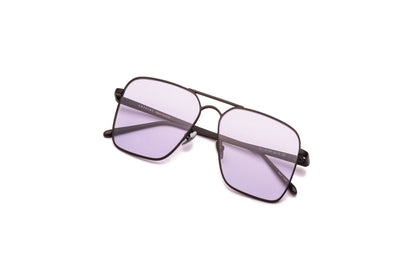 Top view of Hector Gonzales aviator sunglasses by Kopajos for men and women with black frame, purple polarized lenses, and folded temples.