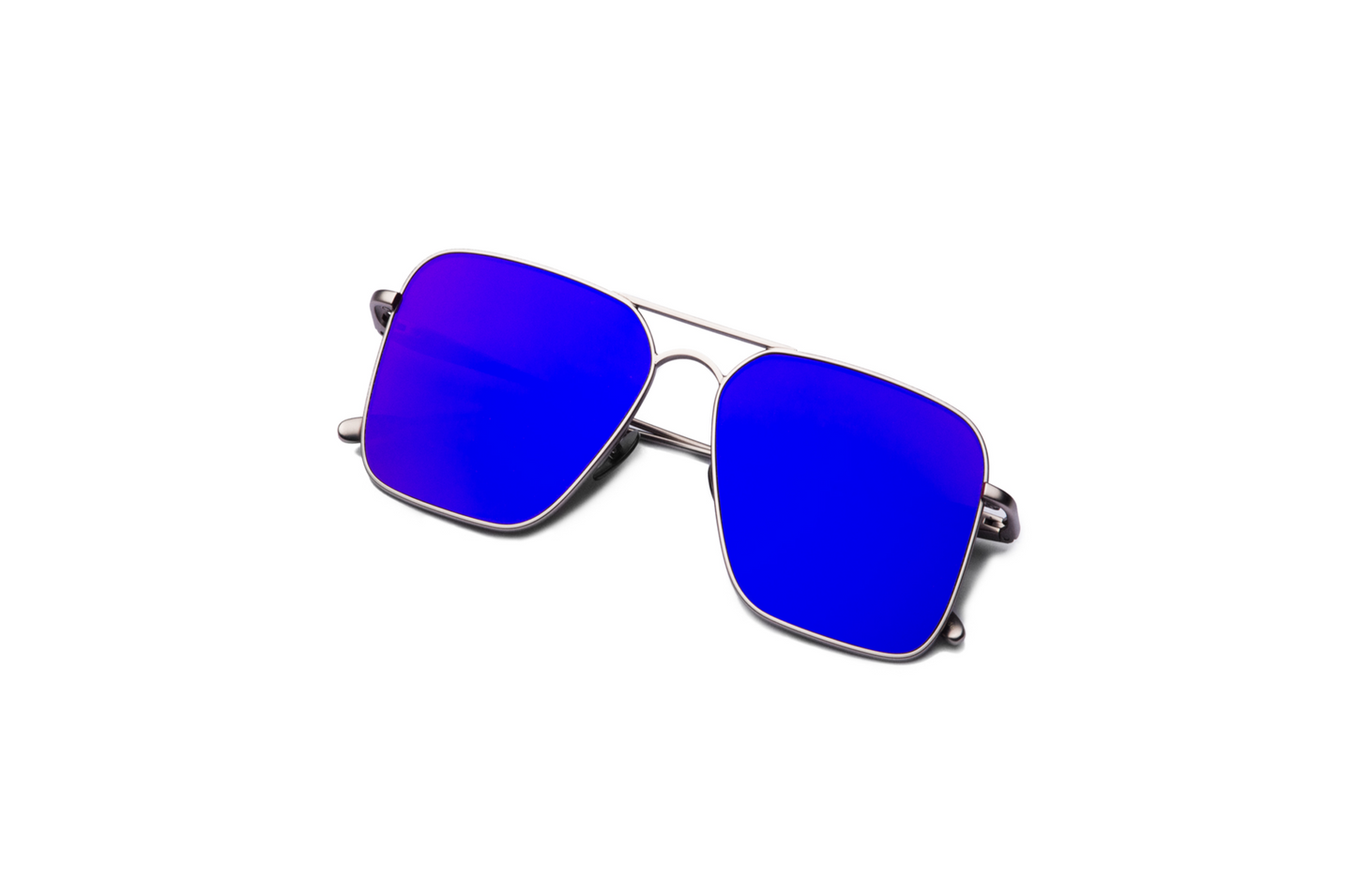 Top view of Hector Gonzales aviator sunglasses by Kopajos for men and women with silver frame, blue polarized lenses, and folded temples.