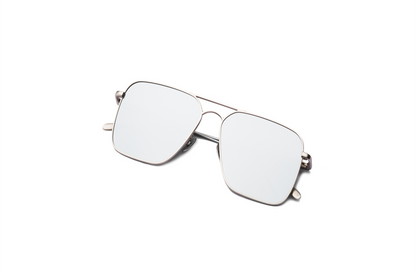 Top view of Hector Gonzales aviator sunglasses by Kopajos for men and women with silver frame, mirrored polarized lenses, and folded temples.