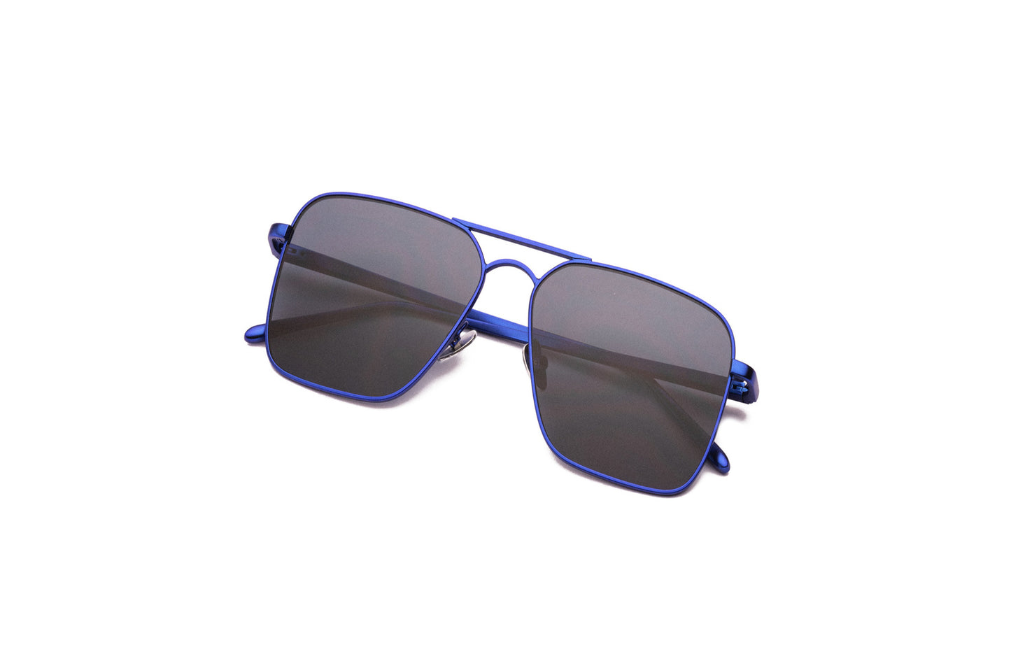 Top view of Hector Gonzales aviator sunglasses by Kopajos for men and women with blue frame, dark polarized lenses, and folded temples.