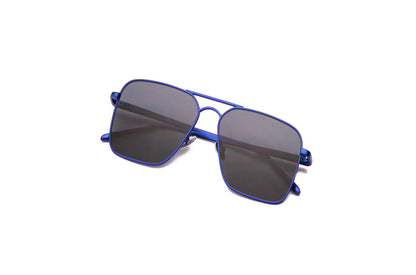 Top view of Hector Gonzales aviator sunglasses by Kopajos for men and women with blue frame, dark polarized lenses, and folded temples.