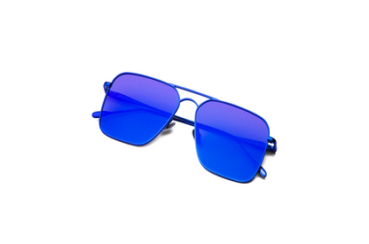 Top view of Hector Gonzales aviator sunglasses by Kopajos for men and women with blue frame, blue polarized lenses, and folded temples.