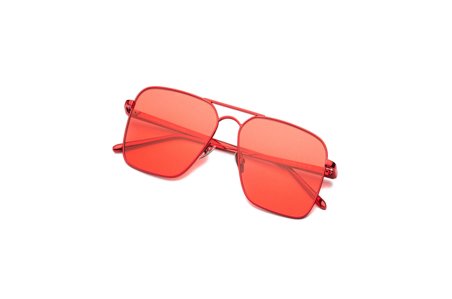 Top view of Hector Gonzales aviator sunglasses by Kopajos for men and women with red frame, red polarized lenses, and folded temples.