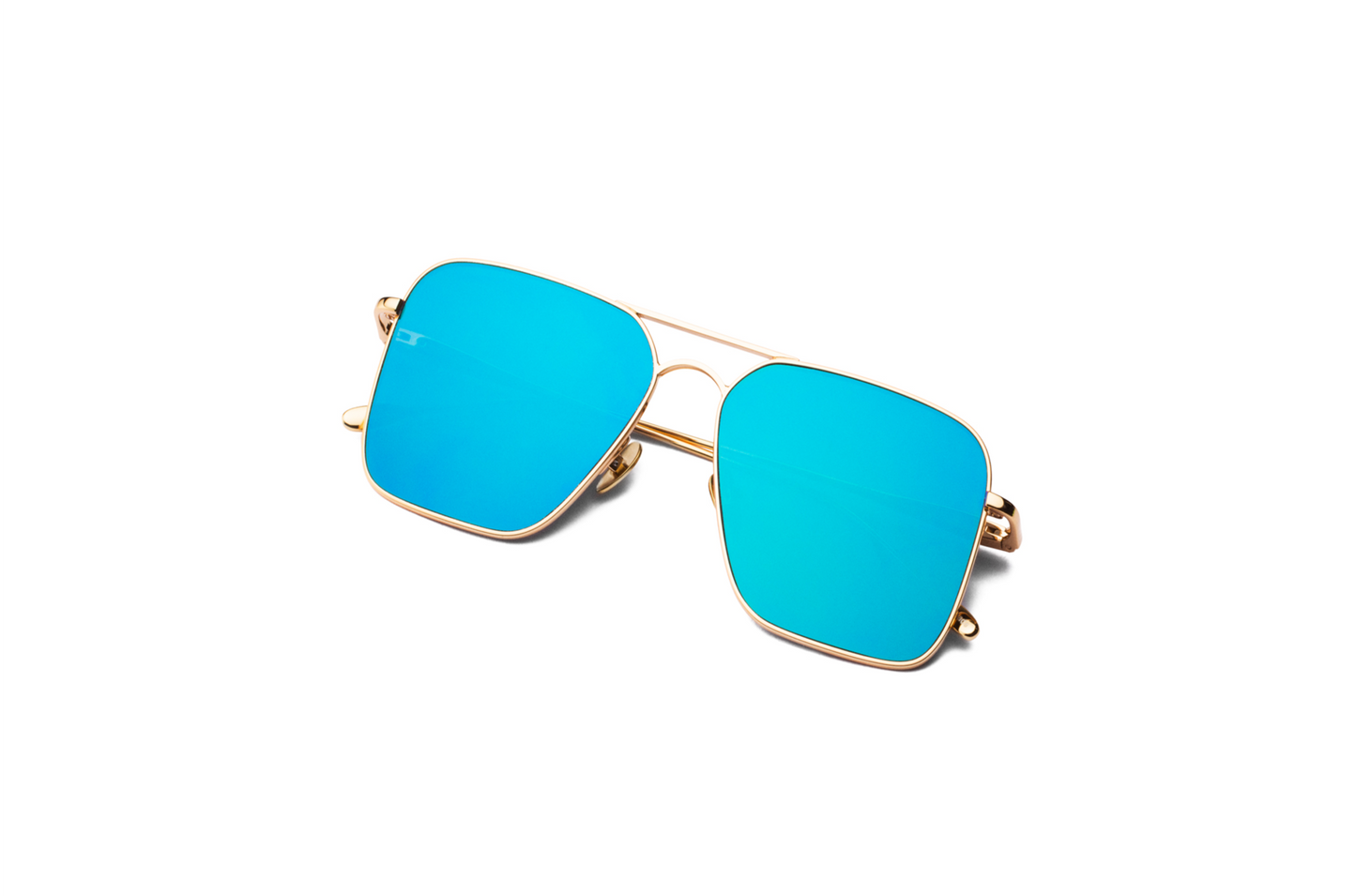 Top view of Hector Gonzales aviator sunglasses by Kopajos for men and women with gold frame, light blue polarized lenses, and folded temples.