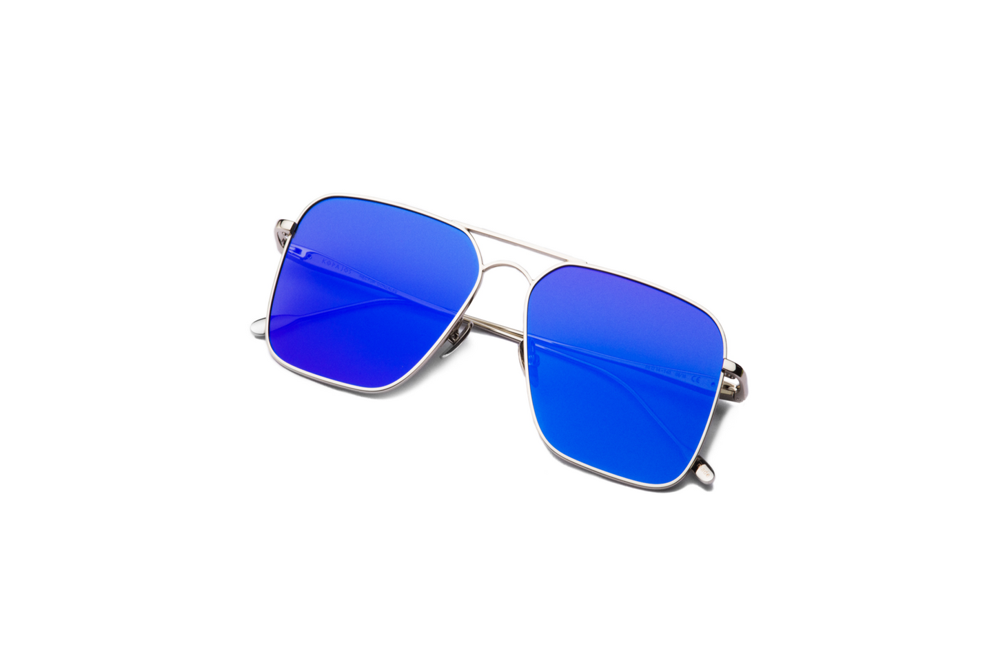 Top view of Hector Gonzales aviator sunglasses by Kopajos for men and women with silver frame, blue polarized lenses, and folded temples.