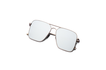 Overhead view of Hector Gonzales aviator sunglasses by Kopajos for men and women, featuring silver frame, light mirrored polarized lenses, and folded temples.