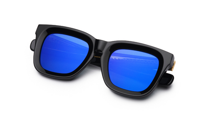 black mask sunglasses for men and women with blue polarized lenses by Kopajos