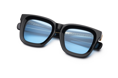 black mask sunglasses for men and women with light blue polarized lenses by Kopajos