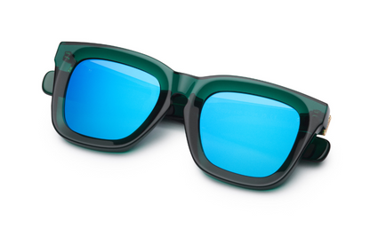 Green mask sunglasses for men and women with mirror blue lenses by Kopajos